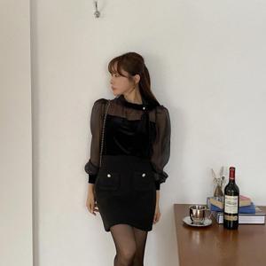 [하프클럽] 우퐁포 블라우스 볼륨 여성 비즈펄 벨벳 시스루