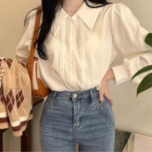 여성 클래식 카라 블라우스 화이트 1P 퍼프 소매 출근 긴팔블라우스 카라블라우스