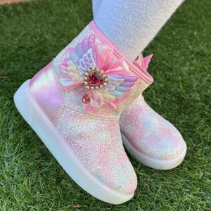 여아용 루나 무지개 날개 솜사탕 LED 겨울 털 부츠