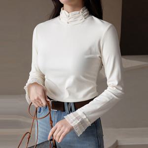 러비에 소매 쉬폰 프릴 배색 셔링 진주 반하이넥 속 기모 포근 티셔츠