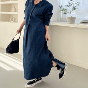 [하프클럽]  7833 박시핏 카라 셔츠 데님 긴팔 옆 트임 롱 원피스 여성의류