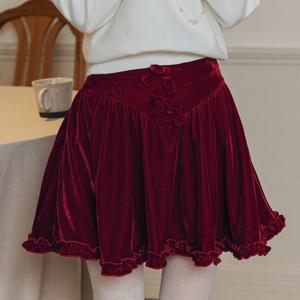 [1월2일 예약배송] Cest_Bow ruffle velvet skirt