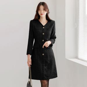 (~XXL까지) 파넬트 브이넥 펄믹스 트위드 원피스 겨울 하객룩 오피스룩 연말룩 모임룩 격식룩 빅사이즈