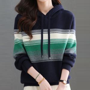 [브리치]  / NK3389 루즈핏 단가라 배색 포인트 긴팔 후드 니트티