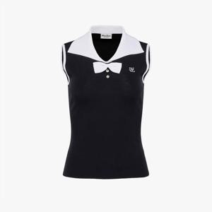 오픈 카라 리본 민소매 니트. (블랙)