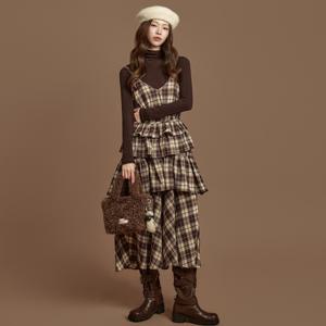 D5415 스트랩 세트 체크 원피스/B