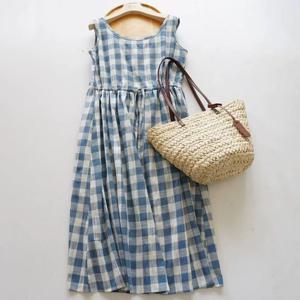 256058 - 블루체크 스트링 린넨면롱원피스 펀칭원피스 인견원피스 빅사이즈원피스 중년원피스 여름원피스 맥