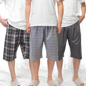 국산 남성 순면 100% 체크 7부 파자마 하의 반바지 홈웨어