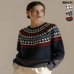 여성 노르딕 패턴 라운드 니트