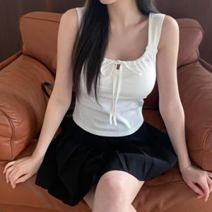 [신상오픈런] 여성 리본 장식 셔링 브라탑 슬리브리스 티셔츠