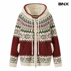 정상가:139,000원 ㅣ 스트라이프 눈꽃 후드 집업 니트 가디건 (BX4CD048L0)