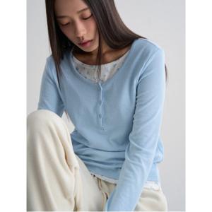 플라워 포인트 레이어드 골지 티셔츠  블루