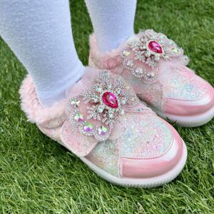 여아용 로엘 글리터 리본 털 LED 겨울 운동화