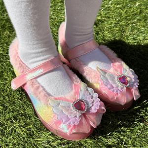 여아용 세리 더블 무지개 날개 리본 LED 겨울 털 구두