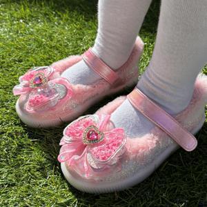 여아용 로웬 투명 글리터 리본 LED 겨울 털 구두