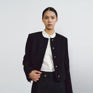 Round Neck Short Tweed Jacket - Black