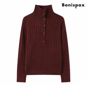 정상가:69,000원 ㅣ 하이넥 반버튼 꽈배기 긴팔 니트 (XP4KT024L0)
