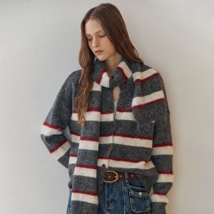 스트라이프 라운드넥 가디건&머플러 세트