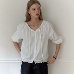 [아워호프] Lace Ribbon Shirring Blouse - Ivory [H25FA-BL06-IVO]