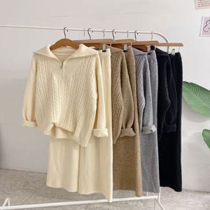 [브리치]  /  세트  로먕 꽈배기 카라 반집업 니트 밴딩 팬츠(4color)