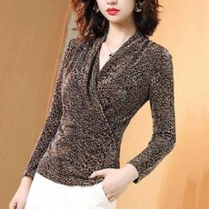 페이준 여성 긴팔 티셔츠 가을겨울 브이넥 레오파드 셔츠 라인댄스 라틴 댄스복 상의 단체복 1533A