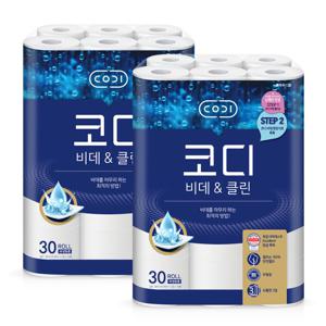 코디 비데 클린 천연펄프 화장지 30m 30롤 2팩