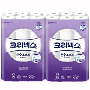 순수소프트  프리미엄 3겹화장지 30m 30롤 x 2팩 (크리넥스 순수소프트 화장지)