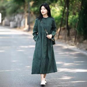 여성 녹색 빅사이즈 긴팔 원피스 면마 롱 원피스