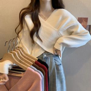 크로스랩 크롭 니트 여성 긴팔 폴리에스테르 겨울 간절기 브이넥니트