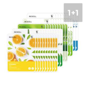 (총100장)리코셀 촉촉 수분 에센스 마스크팩 (5종x10장) 1+1 구성 (알로에+콜라겐+달팽이+비타민+녹차)