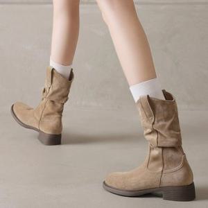 레이디슈 스웨이드 루즈핏 통굽 하프 부츠 0345