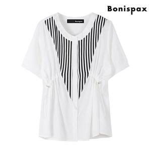 [보니스팍스(여성의류)]스트라이프 배색 포인트 허리 스트링 반팔 셔츠 (XO2BA019L0)