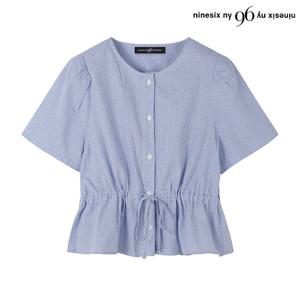 [나인식스뉴욕(영캐릭터)]허리 스트링 지도리 패턴 반팔 블라우스 (NO2BA036L0)