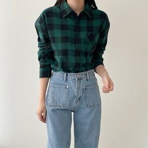 샵앤) 남녀공용 루즈핏 체크 남방 셔츠 INT-WBL-20007-딥그린