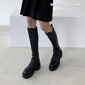 [멜팅브라운] 여성 캐주얼 레이스업 통굽 롱 부츠 워커 5cm