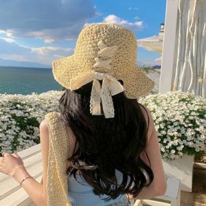 핸드메이드 스티치캡 왕골 레이스리본 비치 라피아햇