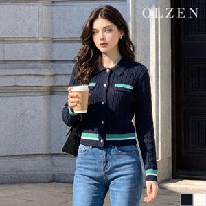 [올젠] 케이블 카라 배색 가디건 (ZLD1EC2102)