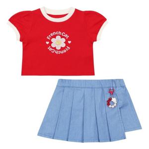 [프랜치켓] 여아 여름 상하복 레더꽃티셔츠/청해지주름스커트세