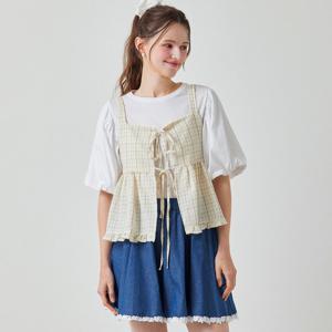 FOCUS  체크 프릴 리본 나시 블라우스 PBBF5M1BL5141