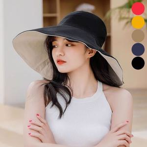 여자 넓은챙 휴양지 버킷햇 목 가려가지는 양면 모자