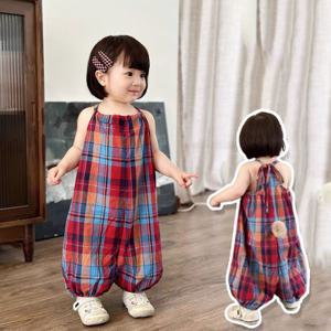 [조이멀티]체크꼬리 레드 아동 끈 나시 점프슈트 205772
