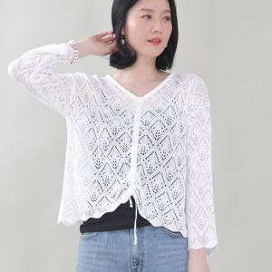 [애비뉴투지]스카시 펀칭 브이 봄 여름 긴팔 니트 티셔츠 A03446