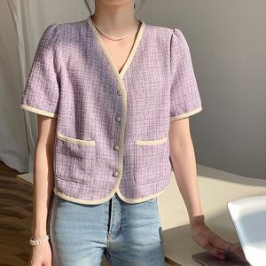 [올리비에스클로젯]라인배색 진주버튼 반팔 자켓_O2506JK604B