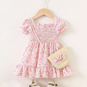 [조이멀티]쉬폰핑크 여아 반팔 스모크밴딩 플라워 원피스 205834