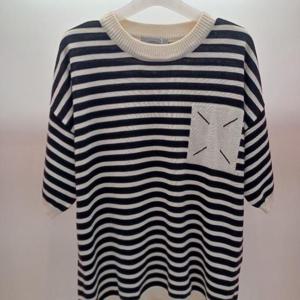 Destijl HC06 팔뚝품편한 단가라 스트라이프 포켓 라운드 5부반팔 니트티 D2531sw05B1