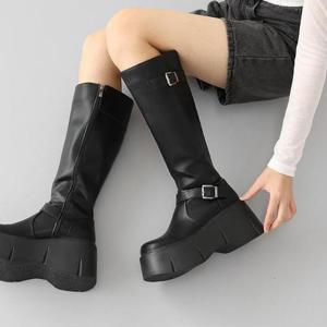 [짝꿍닷컴] 여성 내추럴 롱부츠 버클 통굽 워커부츠 UH-tja9