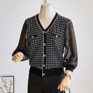 [커스텀에이블] 체크 쉬폰소매 니트_T2509KN651C