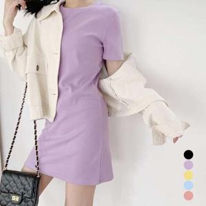 파스텔 컬라 반팔 미니원피스 URD078 레이어드 미니