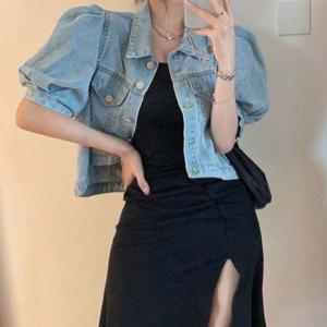 여성 여름 반팔 벌룬소매 데님 숏자켓 카라청크롭자켓