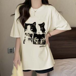 여성티셔츠 고양이 프린팅 여름 반팔 티셔츠 URD-512